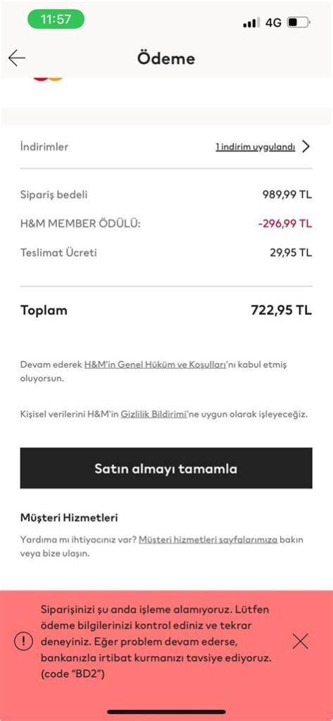 İnternetten alışveriş yaparken hata veriyor